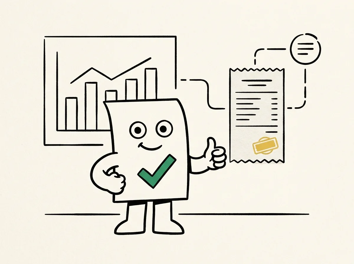 SEO Receipts mascot connecting an analytics chart to a source-backed receipt